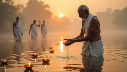 Elderly man performing Tarpan ritual at sunrise in calm river, exemplifying reverence and ancestral offering for spiritual and cultural reflections during Pitru Paksha.