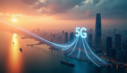 Coastal metropolis at sunset with floating 5G pathways and ships in harbor, symbolizing digital connectivity for technology, urban development, or communication advancements.
