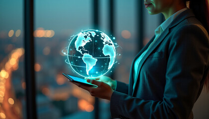 Fototapeta premium Businesswoman holding holographic Earth and tablet in modern office with city skyline, illustrating digital innovation and globalization for corporate presentations.