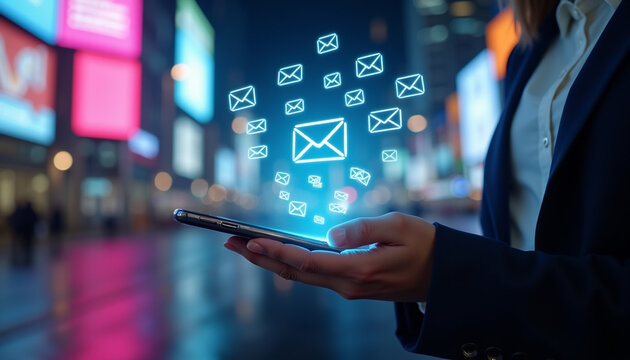 Professional woman's hand holds smartphone with glowing holographic email envelopes in neon cityscape, illustrating instant communication and digital innovation for tech-related content.