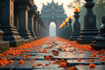 Ancient stone temple pathway with vivid flower petals and glowing torches, evoking sacred tranquility and spiritual beauty for mindfulness, travel inspiration, or cultural exploration.