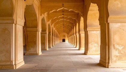 Fototapeta premium A long colonnaded hall with arched ceilings, bathed in the warm light of the afternoon sun, showcases intricate stonework and a sense of serene grandeur.
