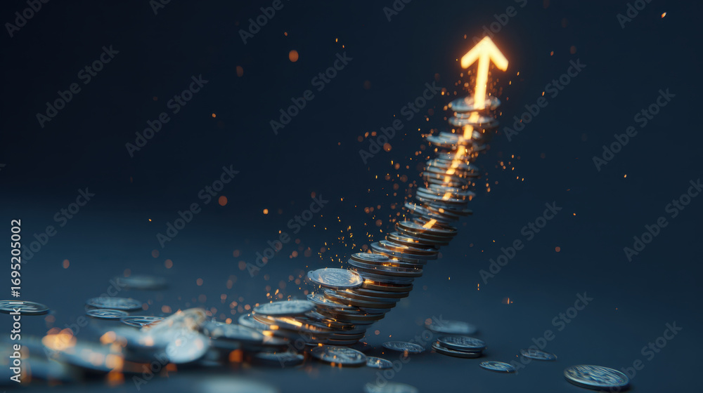 Aufkleber coins stacked upward with glowing arrow symbolizing growth and prosperity, creating dynamic and insp
