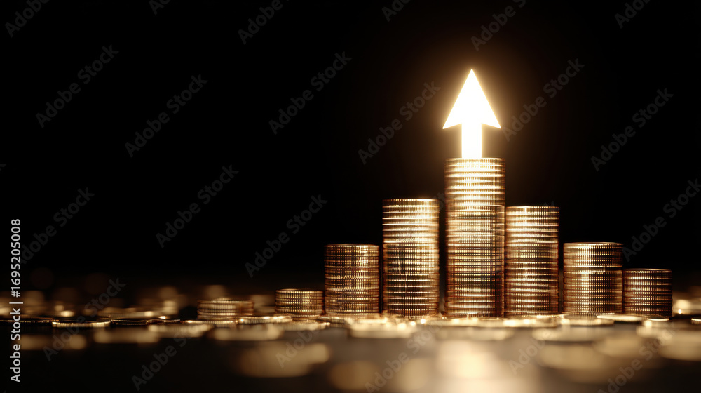 Poster stacks of coins arranged in pyramid shape with glowing upward arrow symbolizing financial growth and