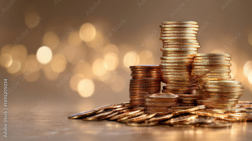 Aufkleber stacks of shiny coins are arranged in visually appealing manner, creating sense of wealth and prospe