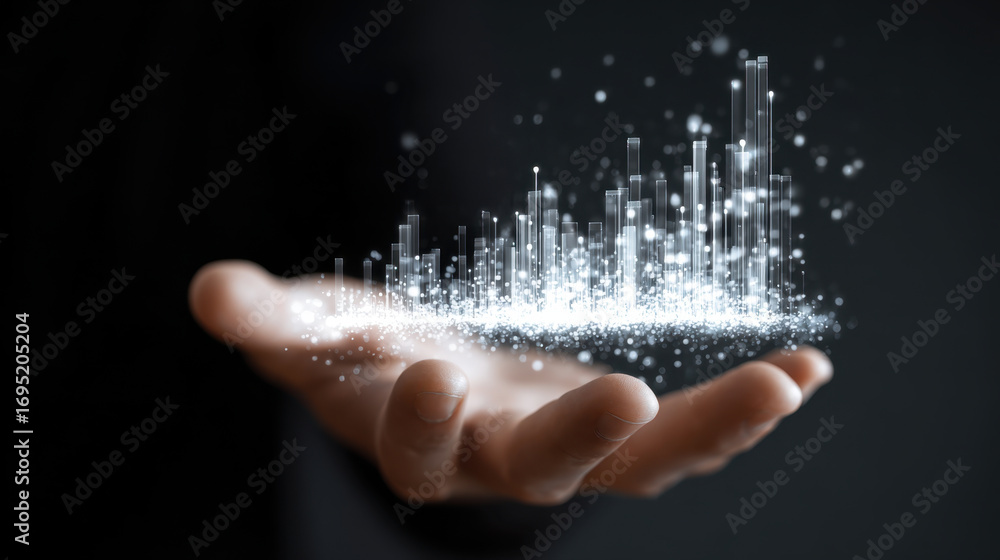 Poster hand holds glowing, abstract representation of data visualization, featuring bars and sparkles that 