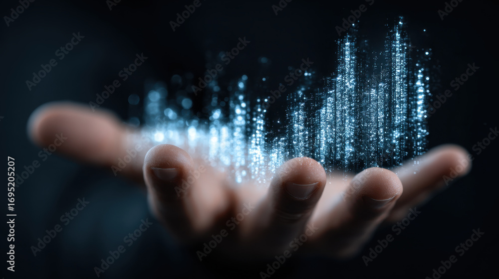 Poster hand is extended, displaying digital representation of data or information, with glowing particles a