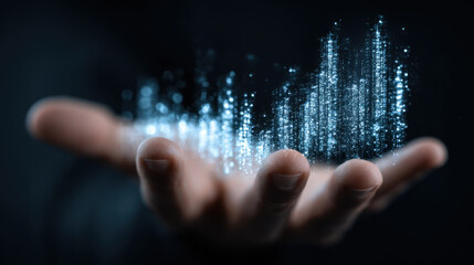 Hand is extended, displaying digital representation of data or information, with glowing particles and lines forming visual graph or chart. This conveys sense of technology, innovation