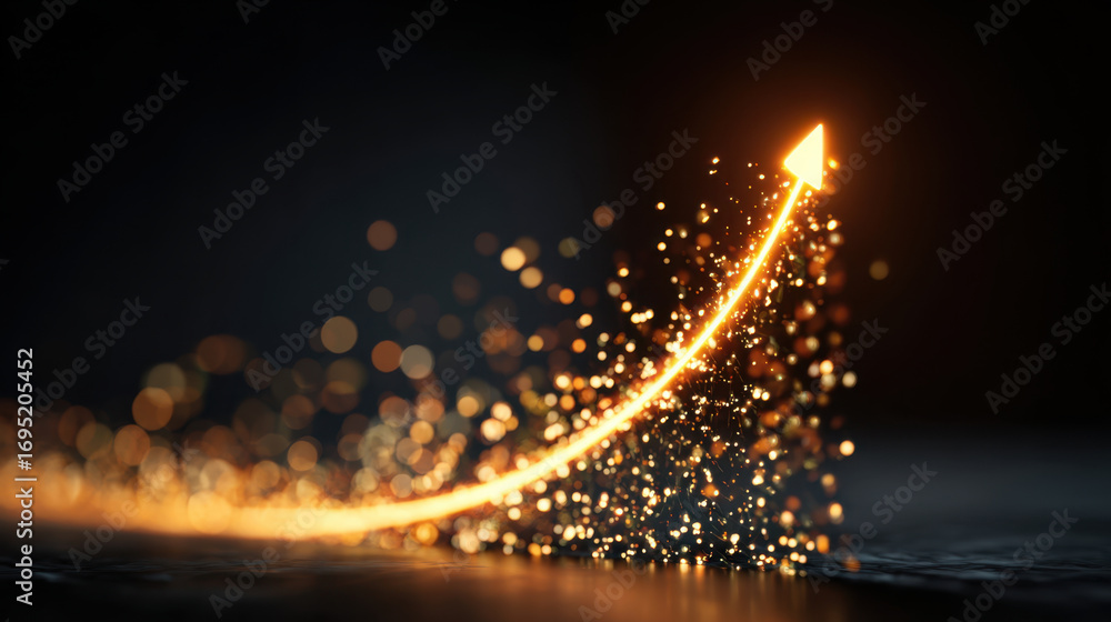 Poster glowing arrow made of sparkling particles represents growth and success, symbolizing progress and ac