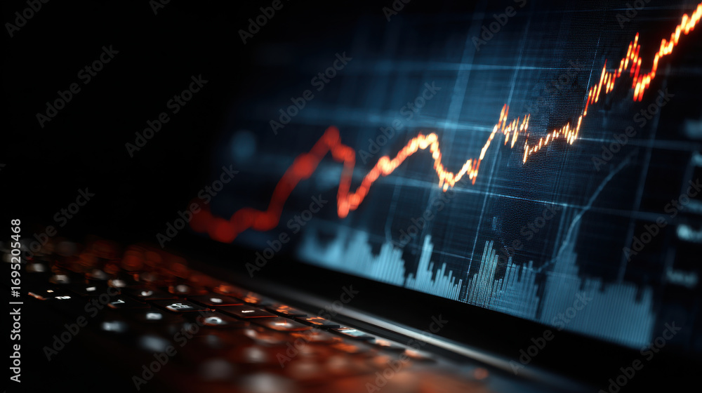 Poster close up view of laptop keyboard with financial graph displayed on screen, showcasing upward trend i