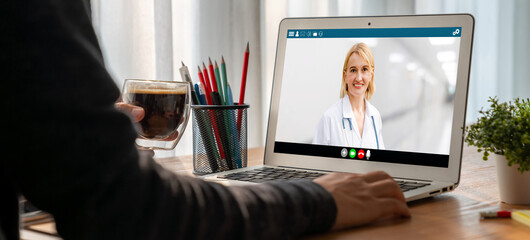 Doctor video call online by modish telemedicine software application for virtual meeting with patient