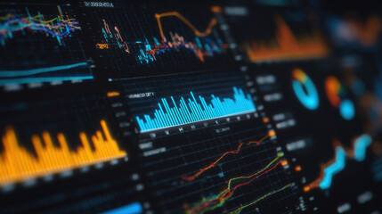 Data visualization tools display various financial charts and graphs, showcasing trends and statistics in vibrant, colorful manner. intricate designs highlight market fluctuations and analytics