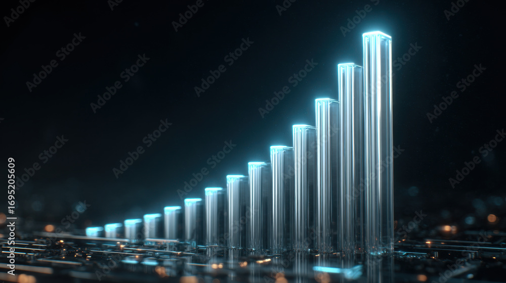 Poster futuristic bar graph representing growth and progress, illuminated with blue glow against dark backg