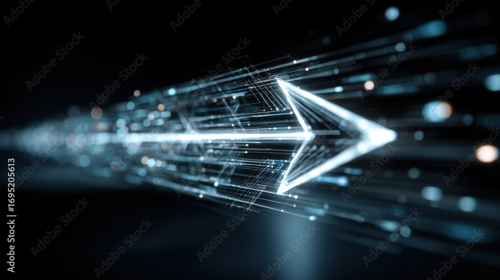 Poster futuristic arrow design with glowing lines and particles, representing speed and direction in digita