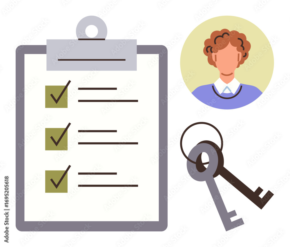 Poster completed checklist with ticks, keyring with two keys, circular portrait of a person. ideal for orga