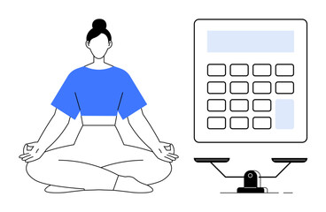 Woman meditating cross-legged in yoga pose beside a calculator and weighing scale, symbolizing balance and mindful financial decisions. Ideal for wellness, financial planning, mindfulness, strategy