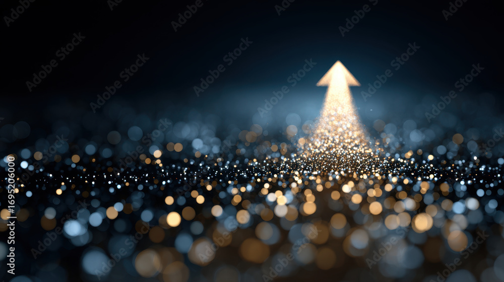 Poster shimmering arrow made of sparkling particles points upward, surrounded by blurred background of glow