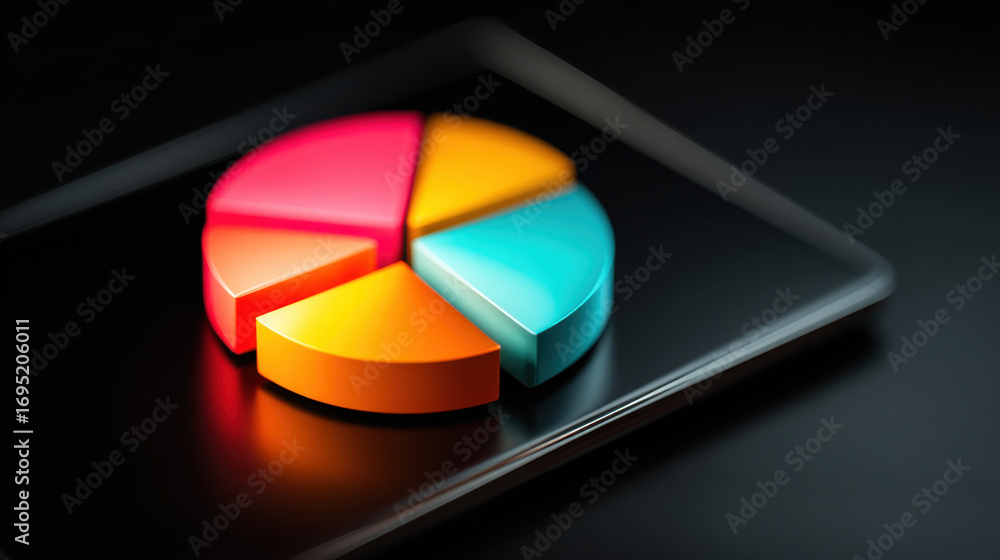 Poster colorful pie chart on tablet screen, representing data visualization and analysis. vibrant segments 