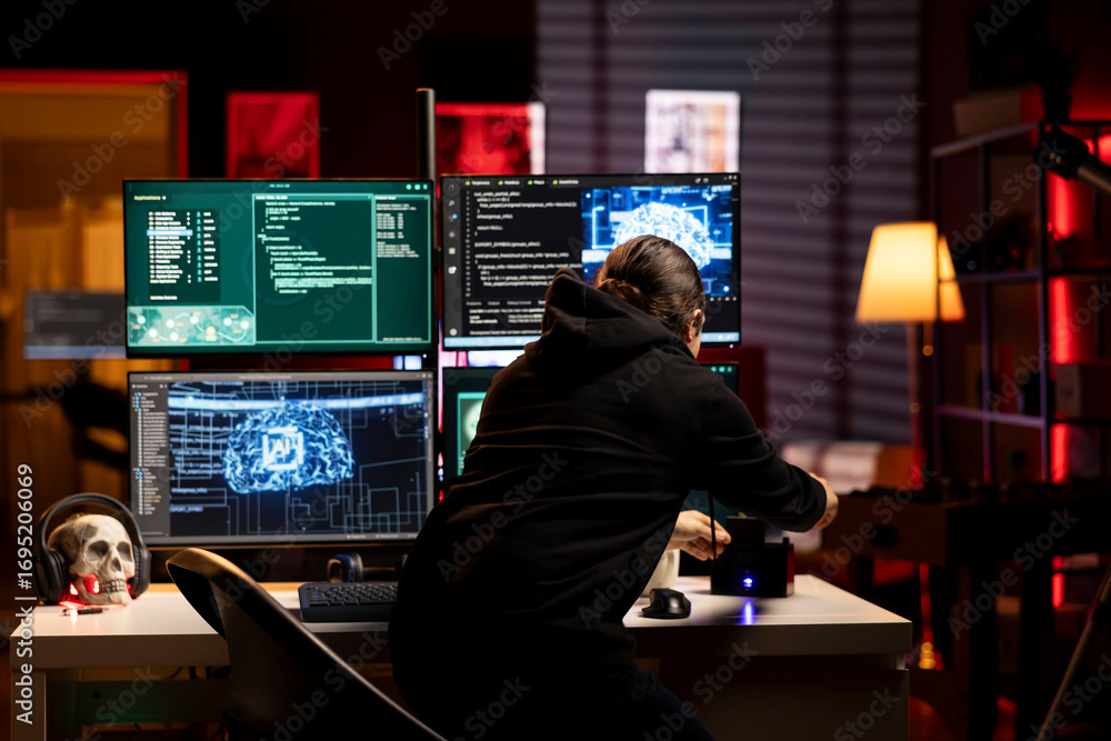 Poster hacker using ai deep learning to code malware designed to exploit network backdoors. rogue engineer 