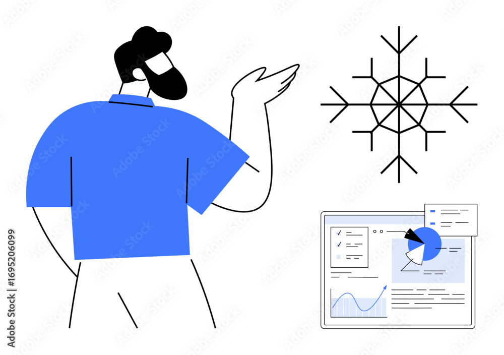 Poster person pointing at abstract diagram with a snowflake pattern, next to a digital dashboard showing gr
