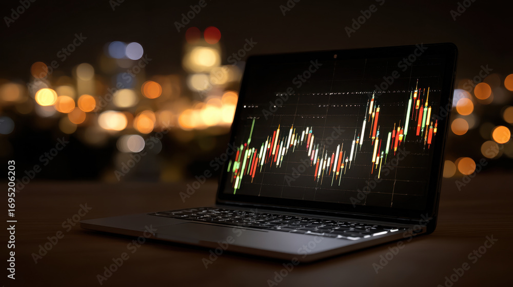 Aufkleber laptop displaying financial chart with colorful candlesticks is set against blurred city skyline at 