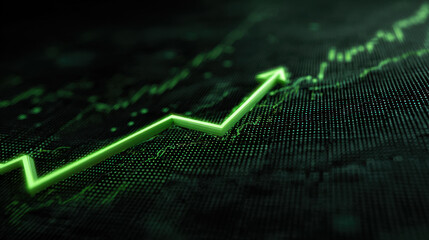 Digital representation of rising graph line, symbolizing growth and success in finance or data analysis. green line stands out against dark background, conveying sense of progress and optimism