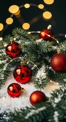 Snow-Capped Christmas Pines Decked in Red Garland and Soft Lighting