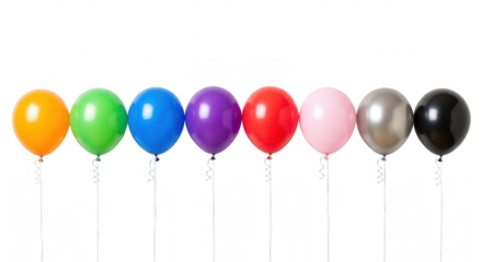 A row of colorful balloons in orange, green, blue, purple, red, pink, silver, and black, isolated on a transparent background