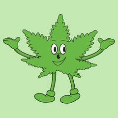 Green Fun Leaf, Marijuana Cannabis Character, Cartoon Drawing, Cannabis Groovy Style