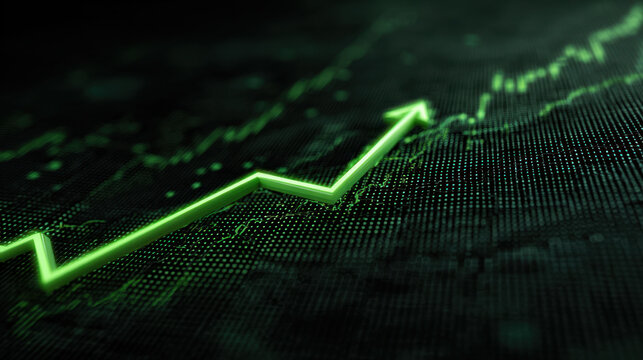 Digital representation of rising graph line, symbolizing growth and success in finance or data analysis. green line stands out against dark background, conveying sense of progress and optimism