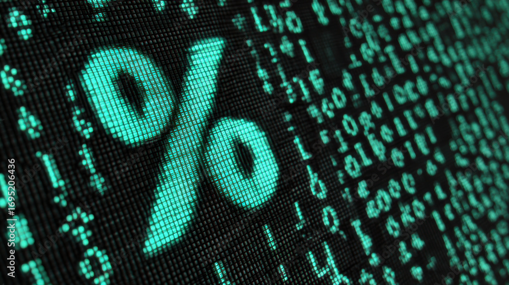 Poster digital percentage symbol on background of binary code, representing data analysis and financial cal