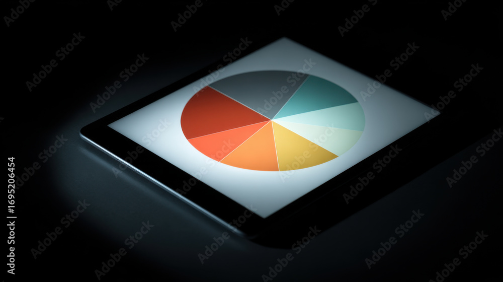 Aufkleber Digital tablet displaying colorful pie chart on dark background, symbolizing data analysis and presentation. vibrant segments represent various categories, enhancing visual appeal