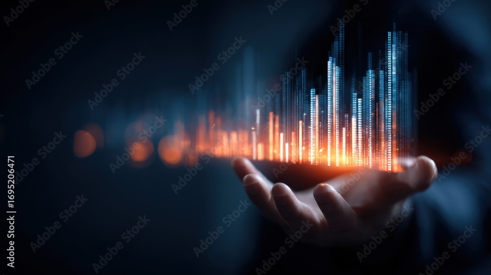 Poster digital visualization of data displayed in hand, representing technology and innovation. glowing bar