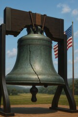 Fototapeta premium Liberty Bell monument with crack and USA flag in background, historical symbol of freedom and independence in Philadelphia with space to copy