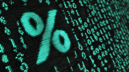 Digital percentage symbol on background of binary code, representing data analysis and financial calculations. glowing green color adds modern and technological feel to image