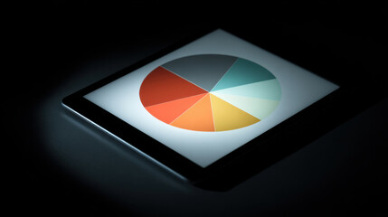 Digital tablet displaying colorful pie chart on dark background, symbolizing data analysis and presentation. vibrant segments represent various categories, enhancing visual appeal