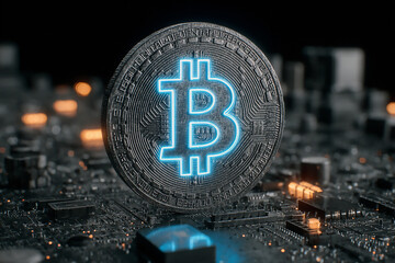 Futuristic bitcoin cryptocurrency symbol glowing on digital circuit board background