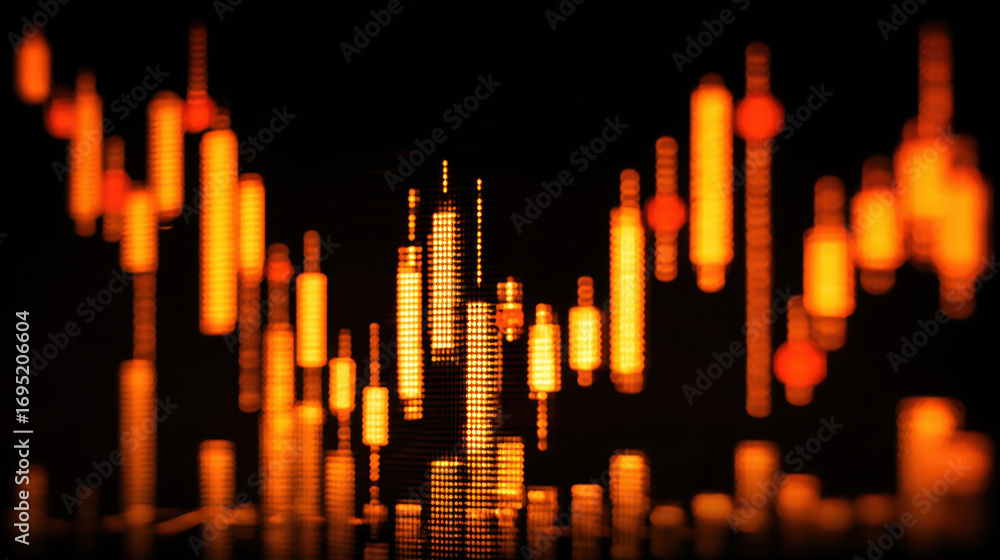 Poster dynamic financial chart displaying vibrant orange candlestick patterns against dark background, symb