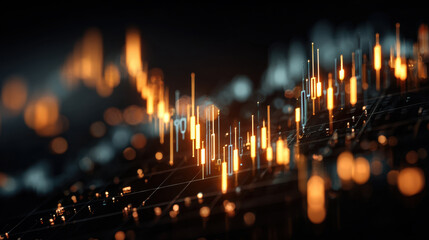 Vibrant digital representation of financial data, showcasing glowing candlestick charts and fluctuating market trends, evoking sense of dynamic investment activity