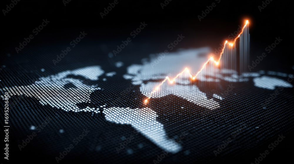 Poster digital world map with glowing upward trend line representing growth and progress in data analysis a