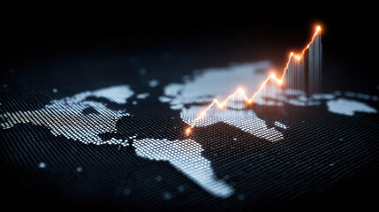 Digital world map with glowing upward trend line representing growth and progress in data analysis and finance. image conveys sense of innovation and global connectivity