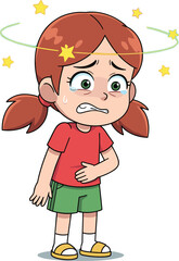 Cartoon sick girl with red hair holding stomach, dizzy and sweating, unwell child illustration, stomach ache, illness symptoms, health, medical, vector art