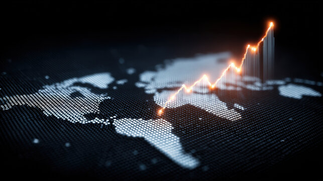 Digital world map with glowing upward trend line representing growth and progress in data analysis and finance. image conveys sense of innovation and global connectivity