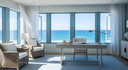 Fototapeta premium Serene Interior of Home Office With Stunning Ocean View and Coastal Ambiance