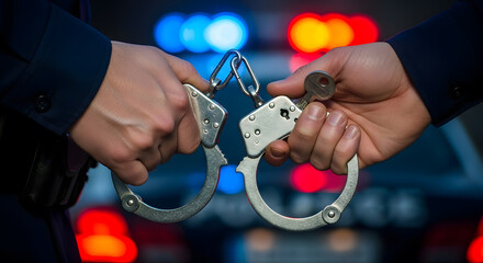 Close-up of handcuffs on police officer's hand, dramatic lighting, bokeh background of illuminated police car