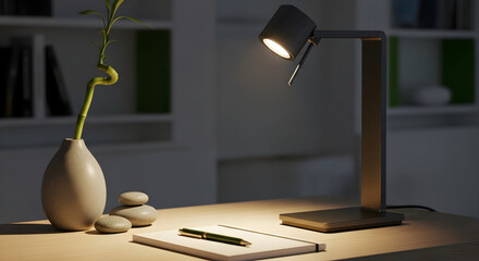 Serene Interior Scene: Modern Desk Lamp, Bamboo, Desk, And Decorative Elements.