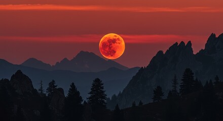 Majestic Blood Moon Rising Over a Silhouetted Mountain Range