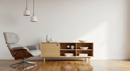Modern living room interior design with stylish chair, wooden cabinet, and minimalist decor for elegant home