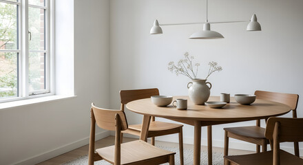 Sophisticated Dining Room Interior With Wooden Table, Chairs, And Elegant Details