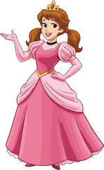 Cartoon princess character, pink gown, golden crown, brown hair pigtails, smiling royal girl pose, cad drawing flat vector illustration